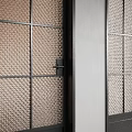 Different Style Doors Featuring Arched Top Grid Glass In Black White Blue On Display Shelves