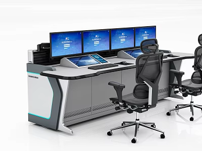 Modern Office Desk With Multiple Monitors Ergonomic Chairs And Sleek Design For Professional Workspace 3d model