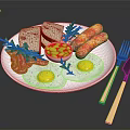 Delicious Breakfast Platter With Fried Eggs Sausages Bacon Bread and Fresh Herbs on White Plate