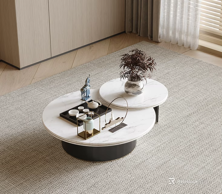 Modern Round Marble Coffee Tables With Potted Plants Tray And Small Decorative Items 3d model 