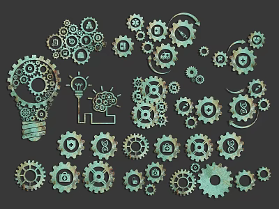 Intricate Mechanical Gear Design Featuring Light Bulb And Interconnected Gear Sets 3d model