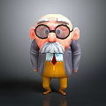 Animated 3D Game Movie Character Elderly Man With Large Glasses Mustache Gray Coat Yellow Pants