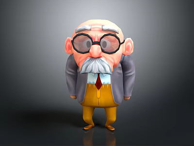 Animated 3D Game Movie Character Elderly Man With Large Glasses Mustache Gray Coat Yellow Pants 3d model