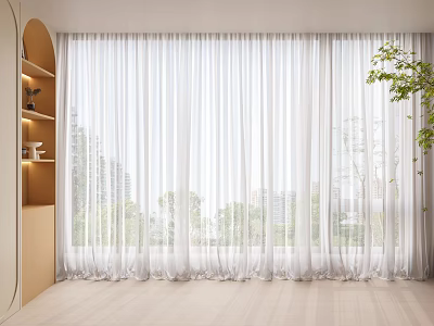 White Sheer Curtains In Modern Interior With City View Green Trees And Light Flooring 3d model