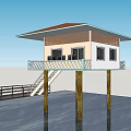 Elevated Waterfront House with Wooden Pillars Balcony Railings and Staircase Dock