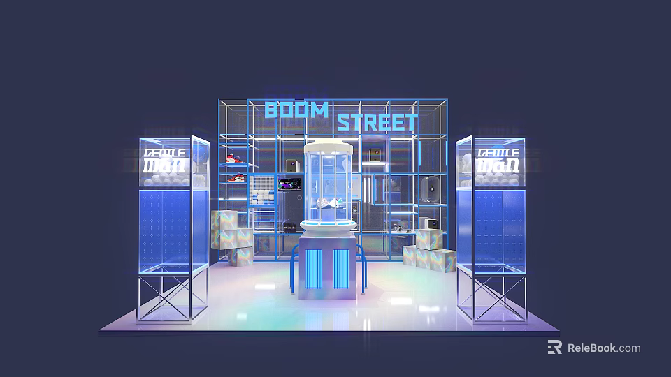 Boom Street Game Room Exhibition With Neon Signs Blue Lighting And Display Cabinets 3d model 