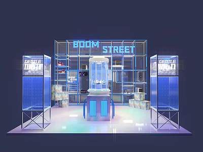 Boom Street Game Room Exhibition With Neon Signs Blue Lighting And Display Cabinets 3d model