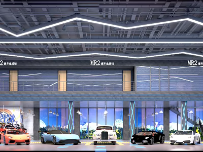 MR2 Luxury Car Showroom Exhibition With Various Colored Cars And Modern Glass Facade Design 3d model