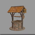 Traditional Well Structure With Wooden Roof Stone Base And Pulley Bucket