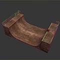 Outdoor Landscape With Wooden Skate Ramp Metal Railings And Curved Structure