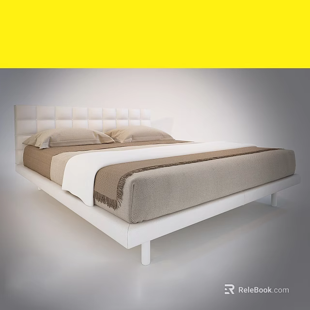Modern Minimalist Double Bed With White Square Tufted Headboard And Beige Brown Linens 3d model 