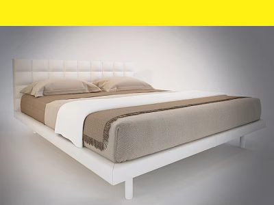 Modern Minimalist Double Bed With White Square Tufted Headboard And Beige Brown Linens 3d model