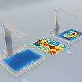Commercial Display Equipment with Metal Stands Blue Platforms and Colorful Board Featuring Fruits Sun