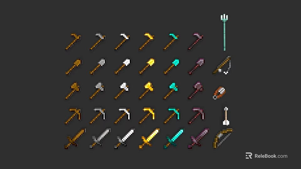 Pixel Style Colorful Weapons Collection With Axes Hammers Swords Bows And Forks 3d model 