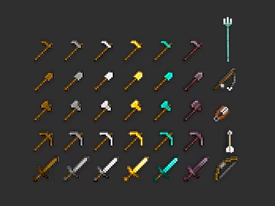 Pixel Style Colorful Weapons Collection With Axes Hammers Swords Bows And Forks 3d model