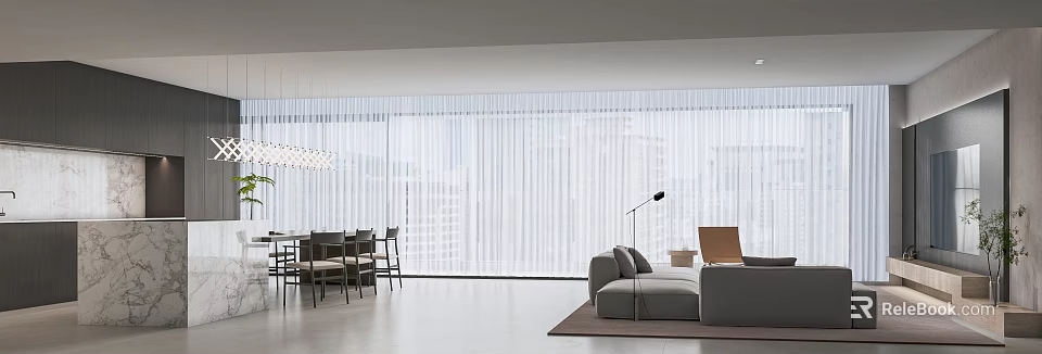 Modern Living and Dining Room Interior With Sofa Dining Table And Large Windows 3d model