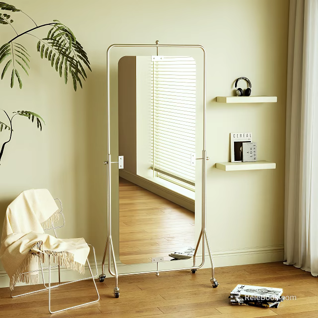 Floor Standing Mirror In Light Beige Room With White Chair Green Plant And Wooden Floor 3d model 