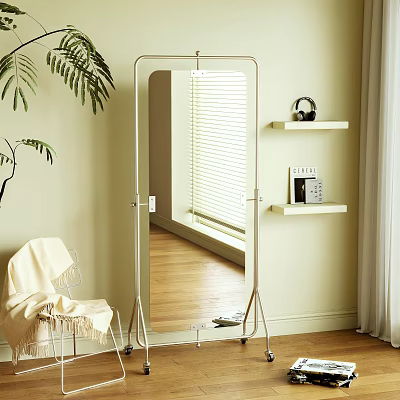 Floor Standing Mirror In Light Beige Room With White Chair Green Plant And Wooden Floor 3d model