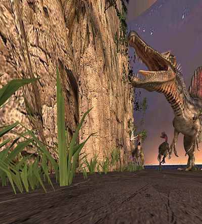 Large Reptile Displaying Open Mouth By Rocky Cliff With Green Plants And Smaller Dinosaurs 3d model