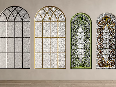 Arched French Windows With Stained Glass And Decorative Panes In Black Gold Green Brown 3d model