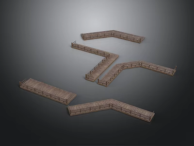 Wooden Plank Pathway Components With Curved Sections Stairs And Straight Platforms 3d model