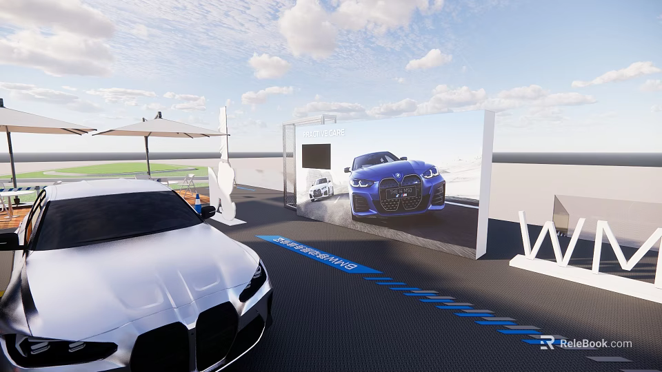 Exhibition Booth With Car Display Screen Outdoor Seating And Umbrella Shade Setup 3d model 