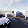 Exhibition Booth With Car Display Screen Outdoor Seating And Umbrella Shade Setup