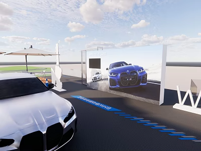 Exhibition Booth With Car Display Screen Outdoor Seating And Umbrella Shade Setup 3d model