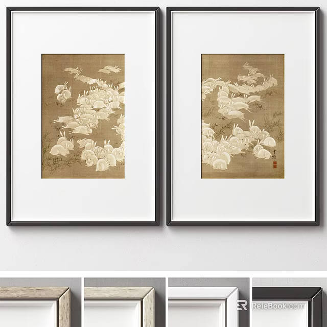 Abstract Painting With Light Colored Flowers Brown Background And Black Frames 3d model