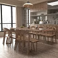 Rustic Wooden Dining Table Set With Four Chairs And Fruit Vases Near Wooden Cabinets