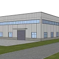 Industrial Factory Building With Modern Steel Structure Large Windows Roll-up Doors And Green Lawn