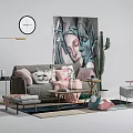 Stylish Sofa and Coffee Table Set With Decorative Pillows Cactus Painting and Area Rug