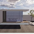 Modern Minimalist Building With Glass Facade White Walls Small Trees Black Paved Ground Exterior Design