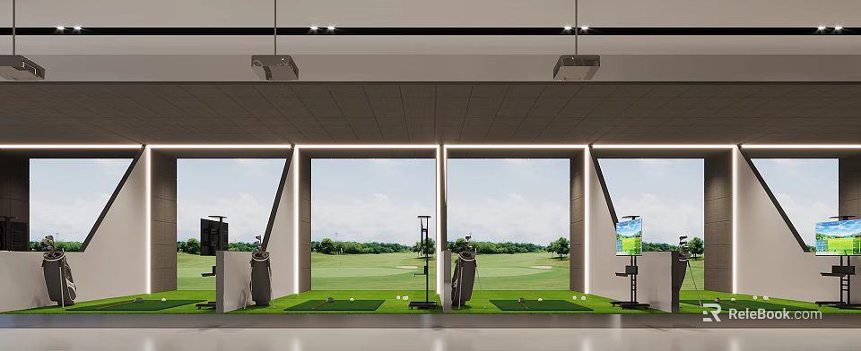 Indoor Golf Practice With Multiple Hitting Bays Green Turf And Simulated Course Background For Fitness 3d model 