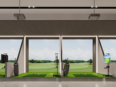 Indoor Golf Practice With Multiple Hitting Bays Green Turf And Simulated Course Background For Fitness 3d model