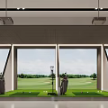 Indoor Golf Practice With Multiple Hitting Bays Green Turf And Simulated Course Background For Fitness
