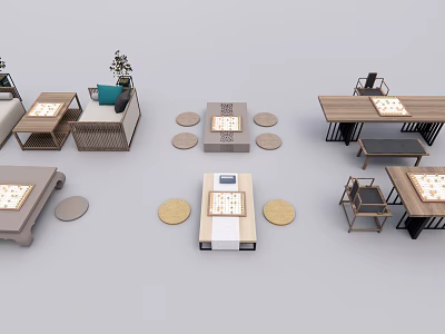 Modern Wooden Table And Chair Set With Round Mats For Home Interior 3d model
