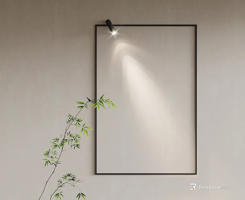 Modern Wall Lamp Lighting Above Black Frame With Green Bamboo On White Wall 3d model 