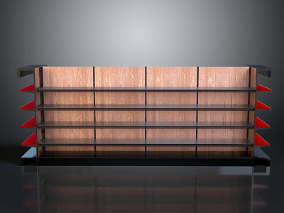 Contemporary Wooden Bookshelf Design With Multiple Shelves And Red Geometric Accents 3d model