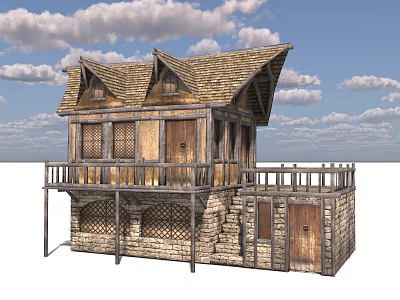 Rustic Two Story Wooden House With Stone Walls Wooden Roof Balcony Railings And Windows 3d model