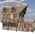 Rustic Two Story Wooden House With Stone Walls Wooden Roof Balcony Railings And Windows