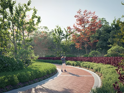 Scenic Residential Landscape with Brick Pathway Lush Green Lawns Colorful Trees and Bushes in Sunlight 3d model