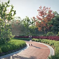 Scenic Residential Landscape with Brick Pathway Lush Green Lawns Colorful Trees and Bushes in Sunlight