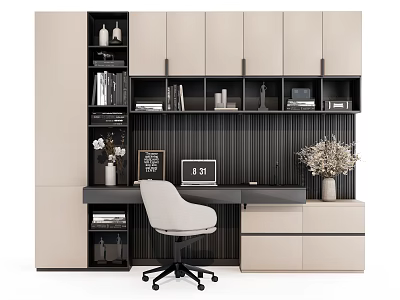 Modern Home Office Desk Chair Combination With Bookshelves Laptop And Decorative Vases 3d model