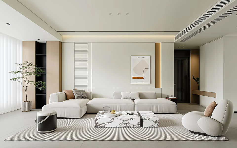 Modern Living Room Interior Design With L shaped Sofa Marble Coffee Table And Decorative Painting 3d model 