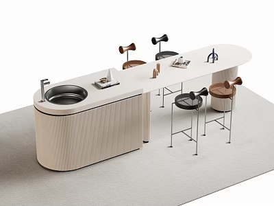 Modern Bar Counter with Light Wood Round Top and Black Brown Metal Leg Bar Stools 3d model
