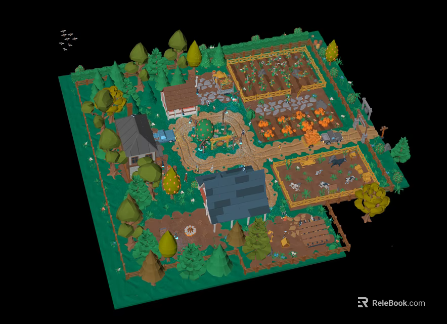 Cartoon Style Pixel Art Farm Garden Scene With Trees Small Cottage Paths And Plant Beds 3d model 