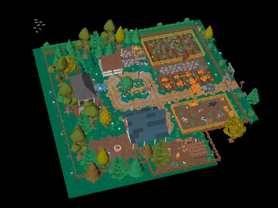 Cartoon Style Pixel Art Farm Garden Scene With Trees Small Cottage Paths And Plant Beds 3d model