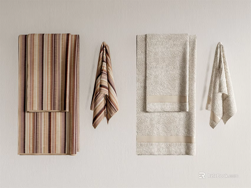 Soft Cotton Striped Plain Towels In Brown Beige Folded And Hanging Design 3d model 