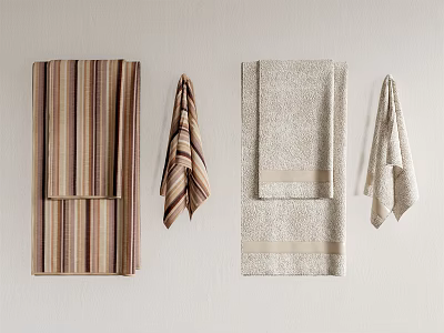 Soft Cotton Striped Plain Towels In Brown Beige Folded And Hanging Design 3d model